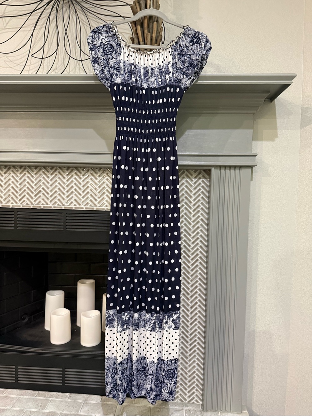 Navy and White Polka Dot Maxi Dress with Floral Accents